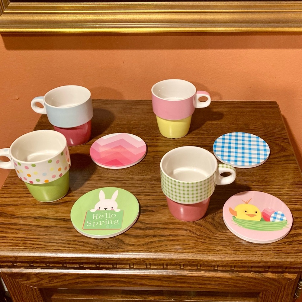 Kcare Vintage Easter/Springtime Stackable Ceramic Espresso Mugs With Coasters
